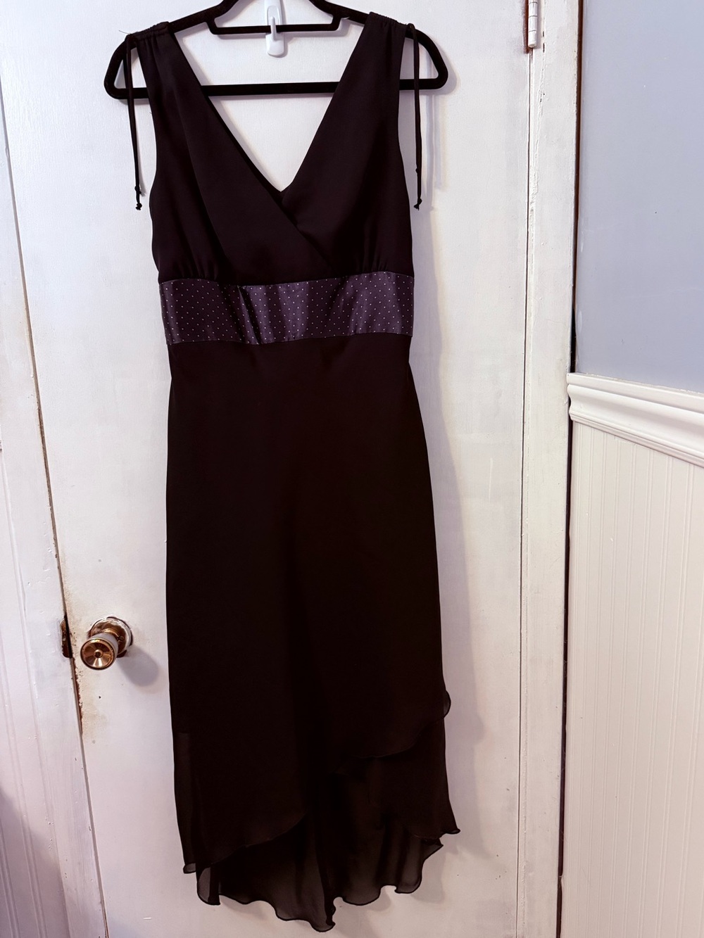 Reitmans Black V-Neck Evening Dress with Satin Polka Dog Tie Waistband